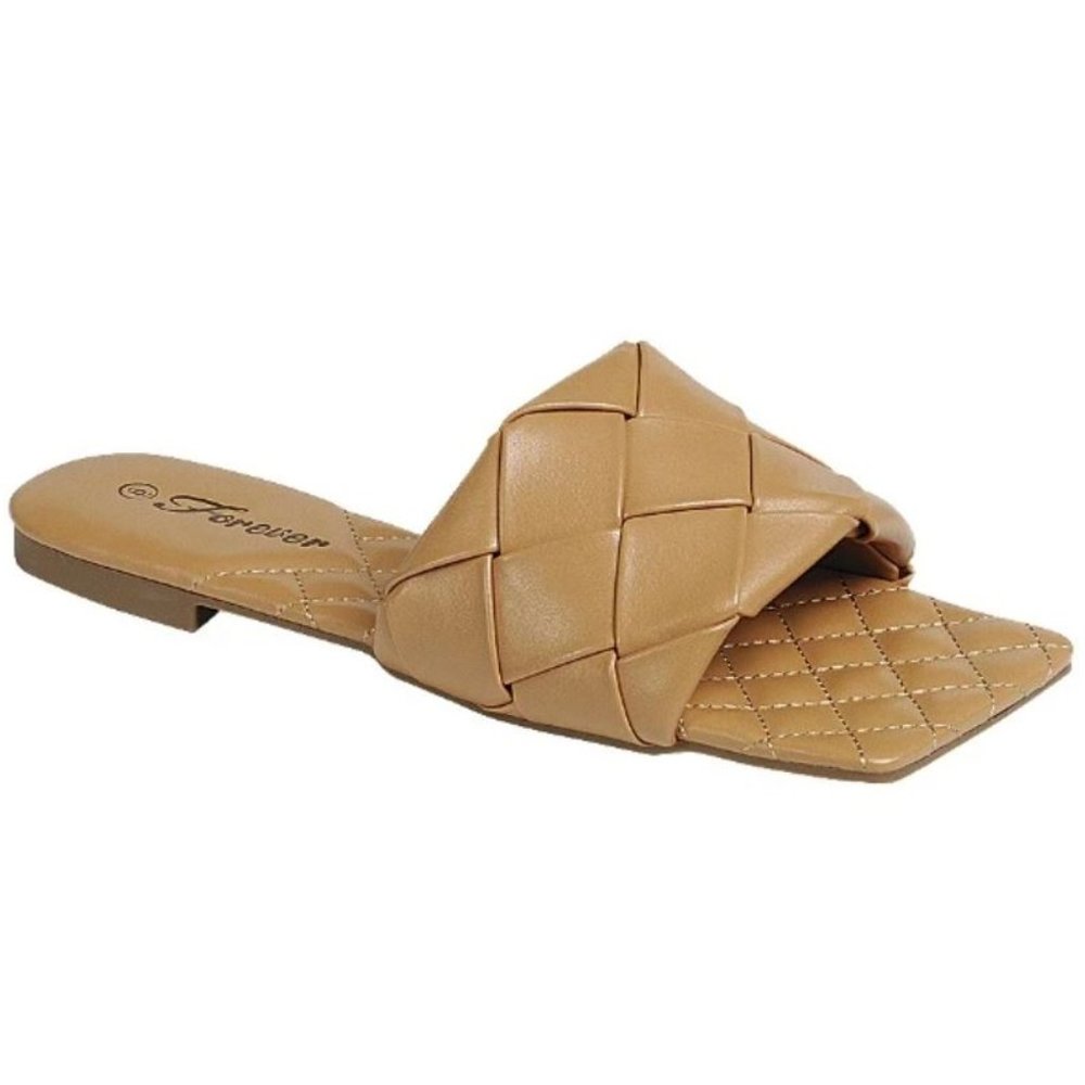 New Tan Woven Square Toe Wide Band Slides Sandals